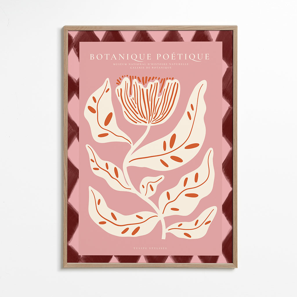 Plakat botaniczny z stylizowanym różowym kwiatem