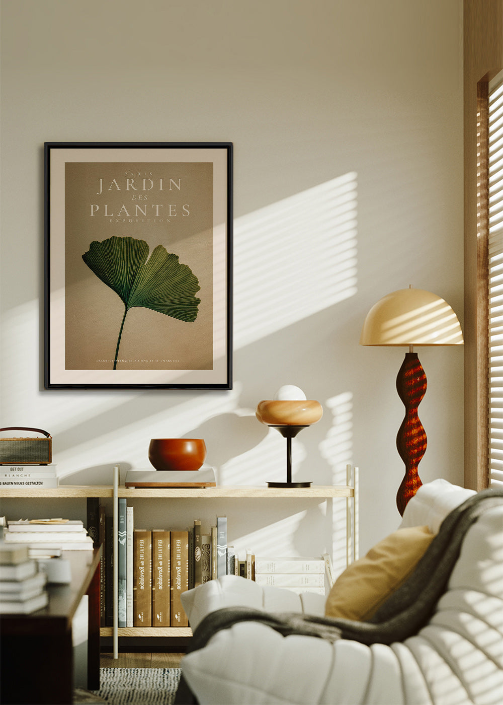 Plakat botaniczny z liściem miłorzębu i klasyczną typografią