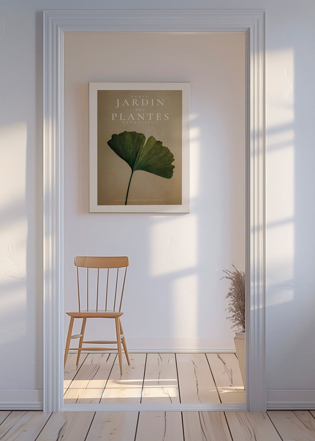 Plakat botaniczny z liściem miłorzębu i klasyczną typografią