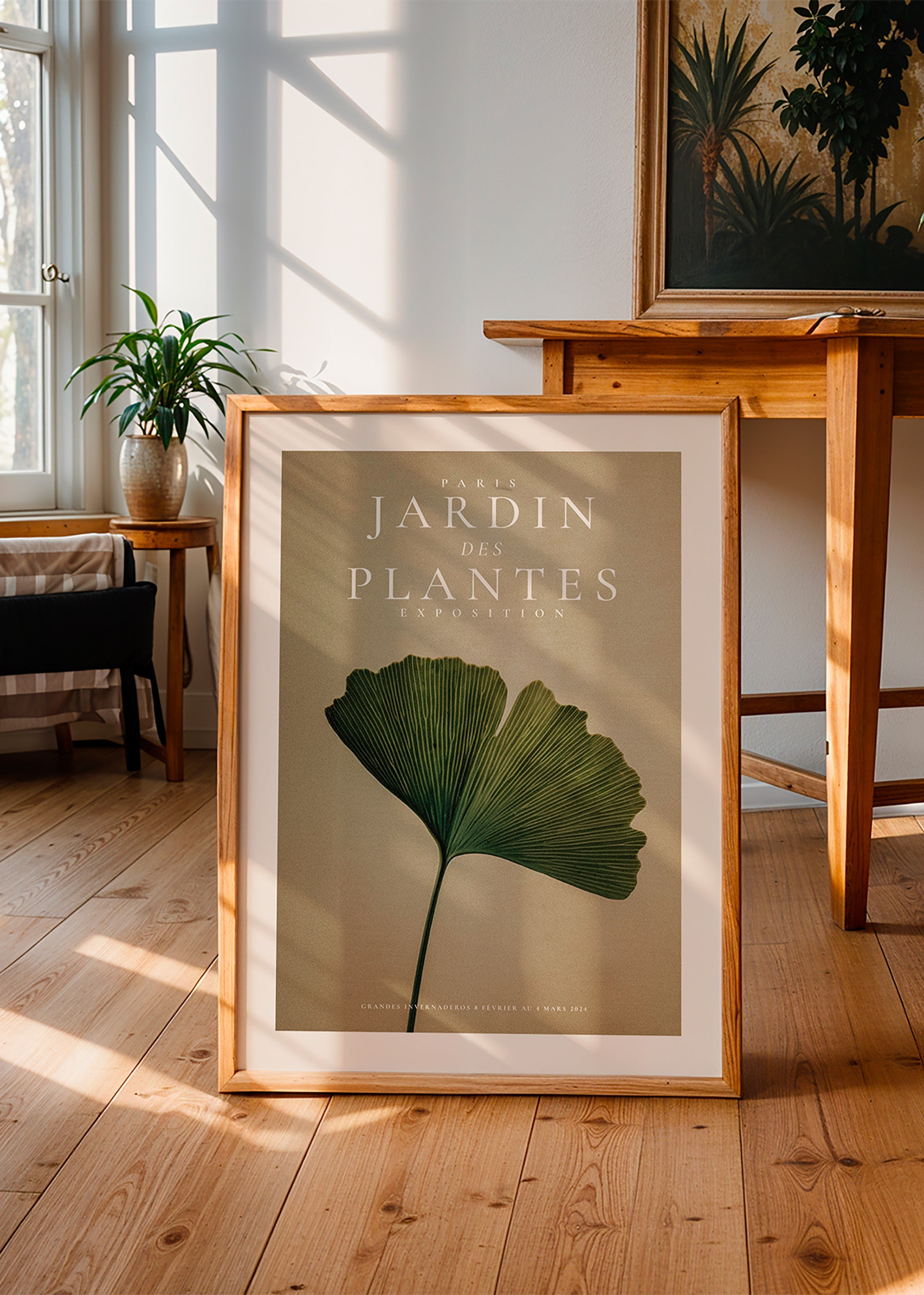 Plakat botaniczny z liściem miłorzębu i klasyczną typografią