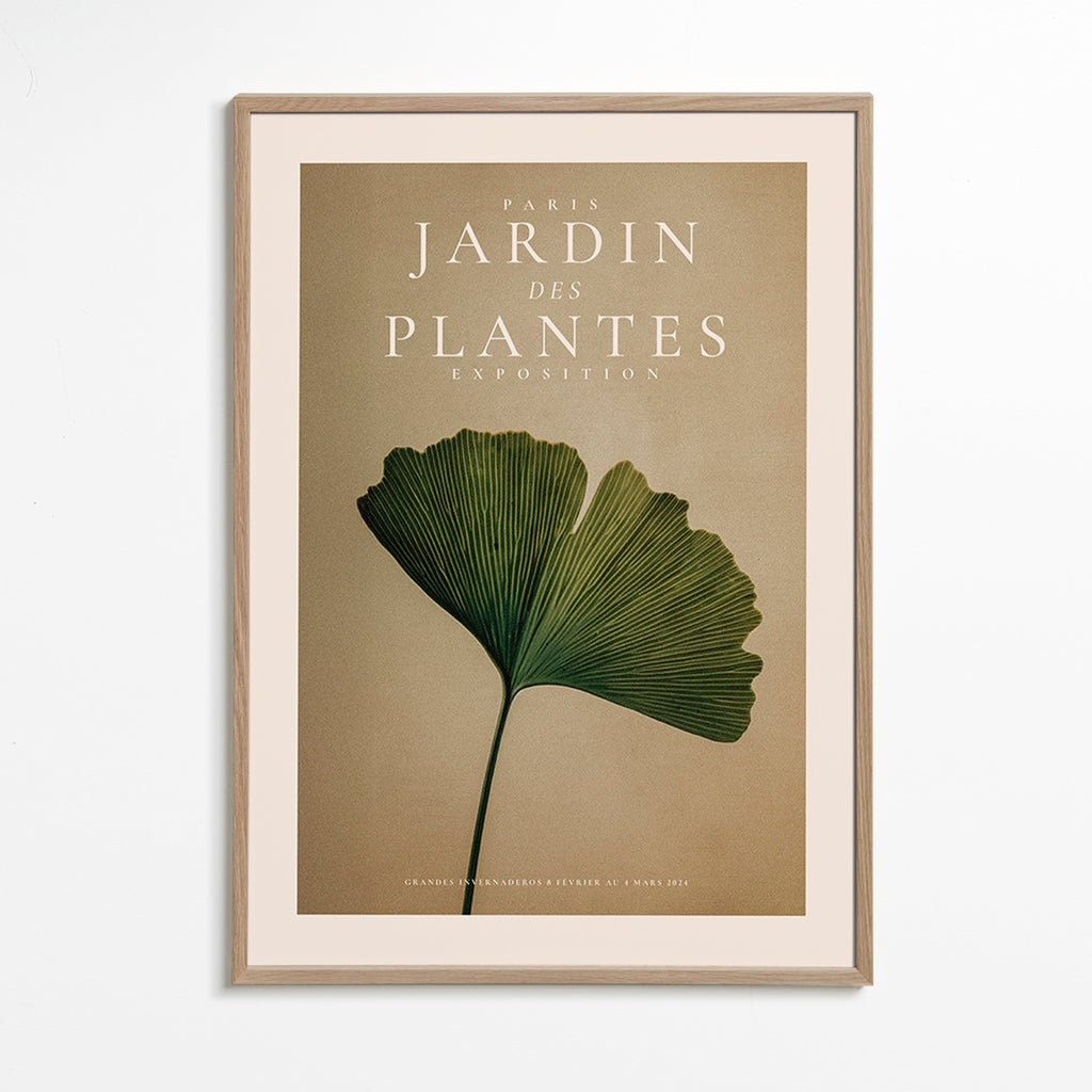 Plakat botaniczny z liściem miłorzębu i klasyczną typografią