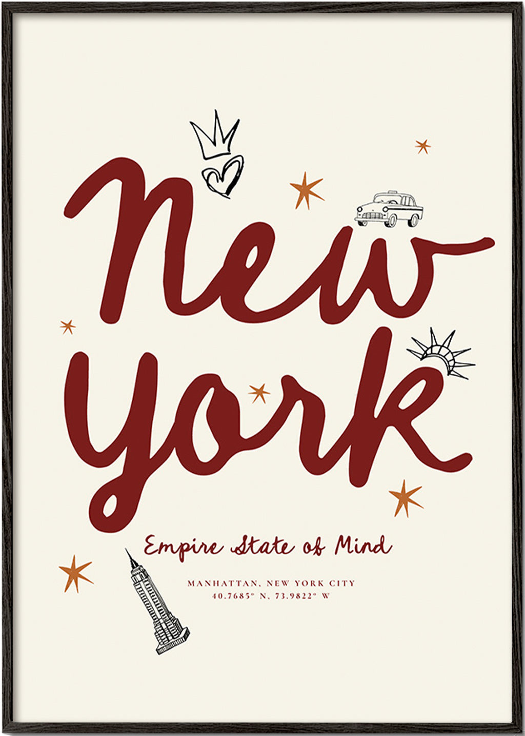 Plakat podróżny New York z bordowym letteringiem