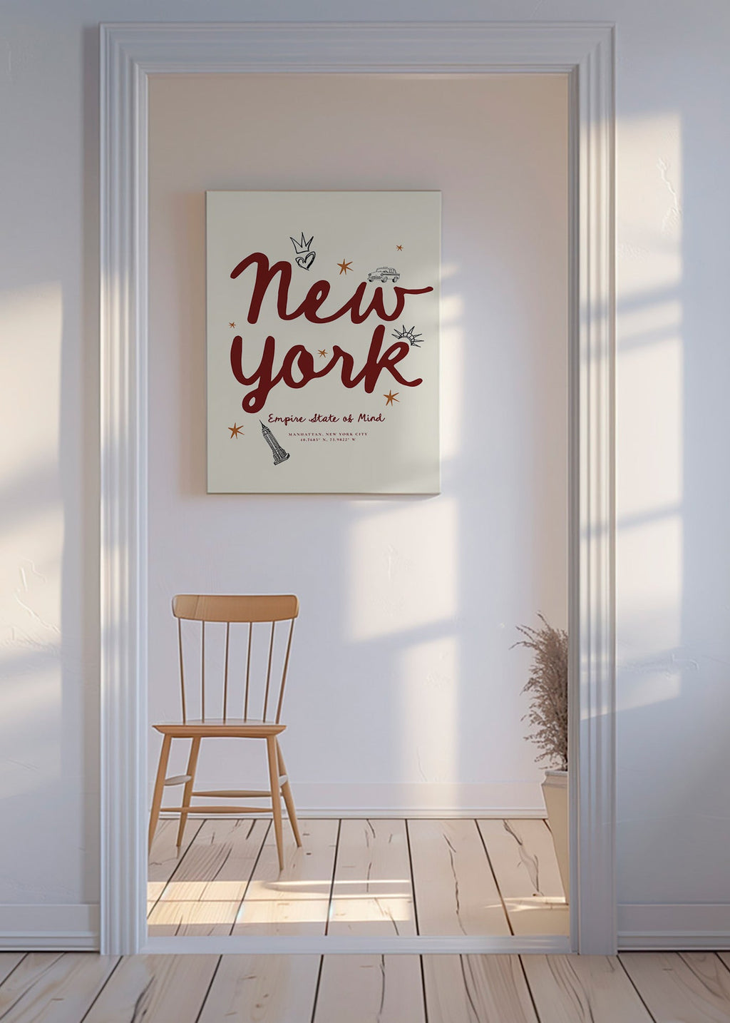 Plakat podróżny New York z bordowym letteringiem