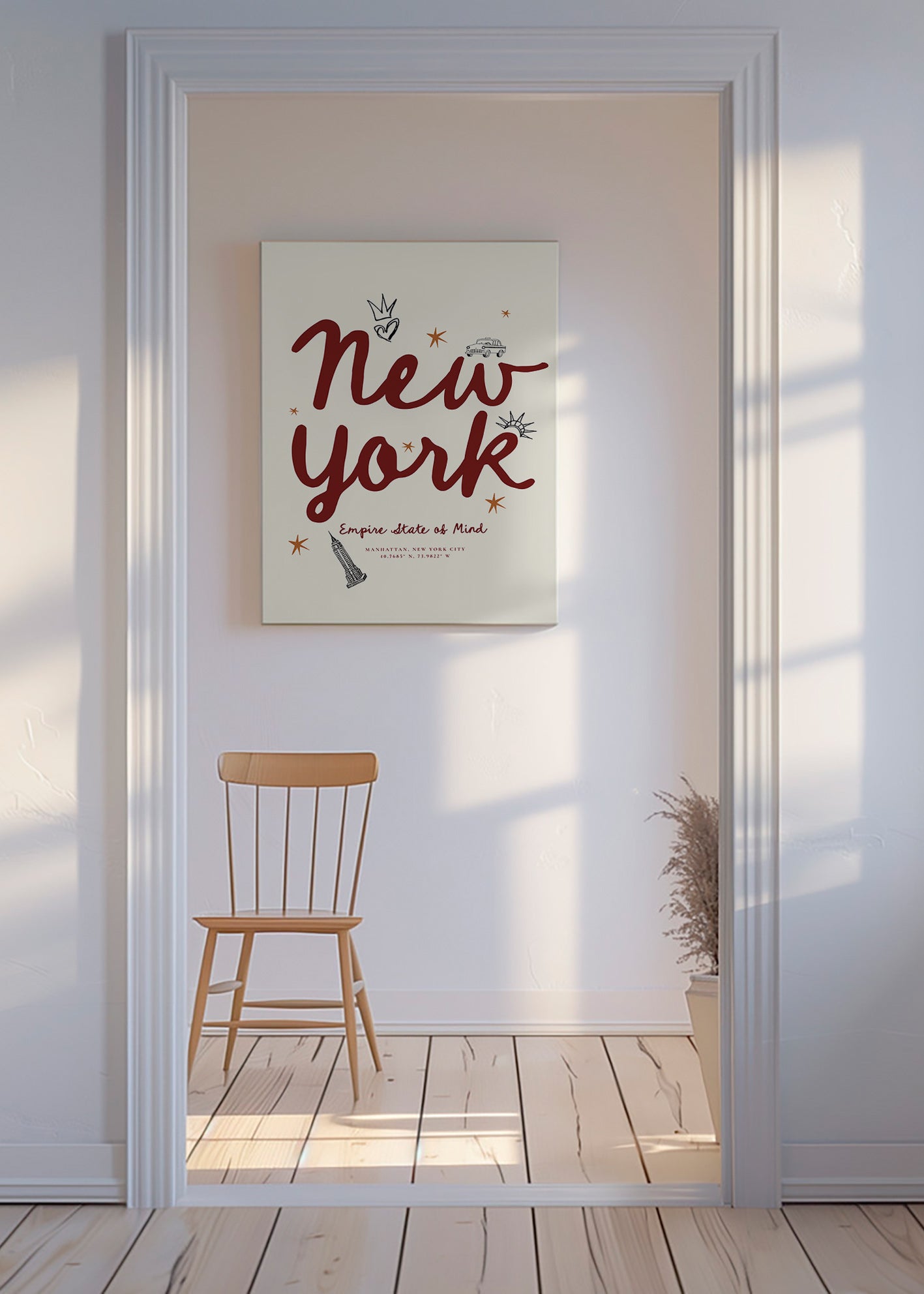 Plakat podróżny New York z bordowym letteringiem