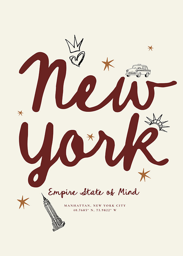 Plakat podróżny New York z bordowym letteringiem