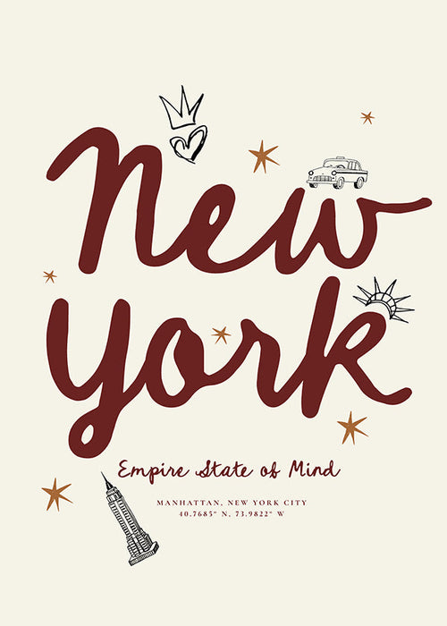 Plakat podróżny New York z bordowym letteringiem