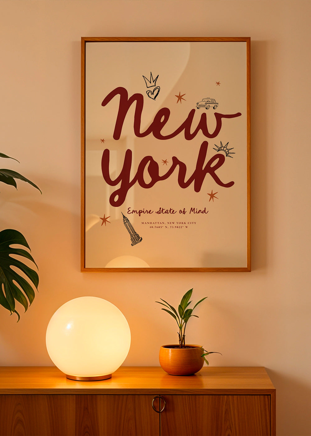Plakat podróżny New York z bordowym letteringiem