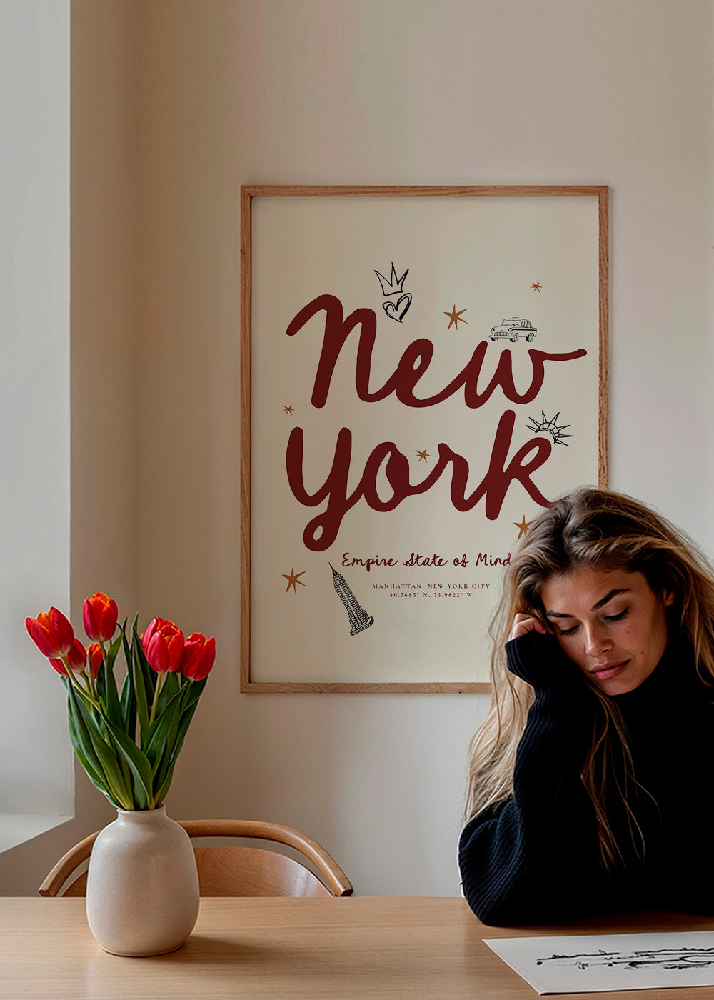 Plakat podróżny New York z bordowym letteringiem