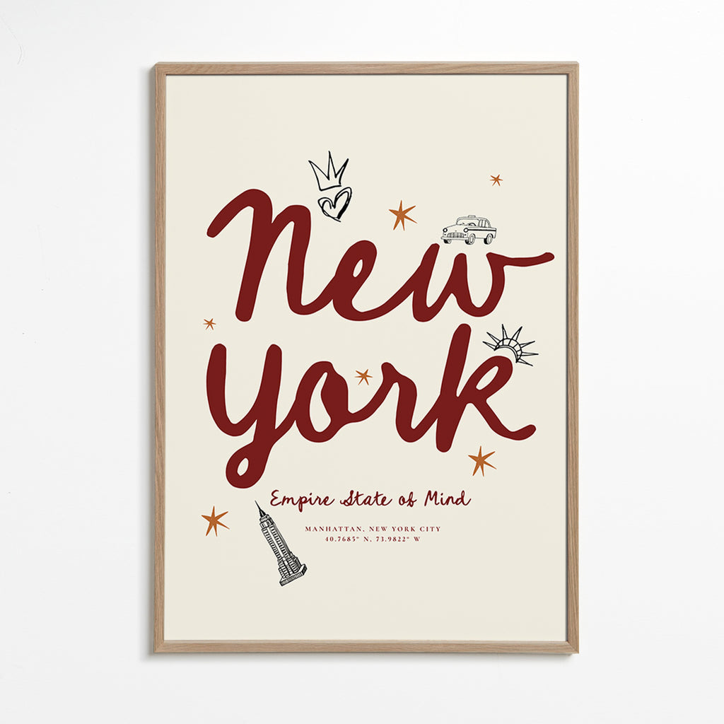 Plakat podróżny New York z bordowym letteringiem