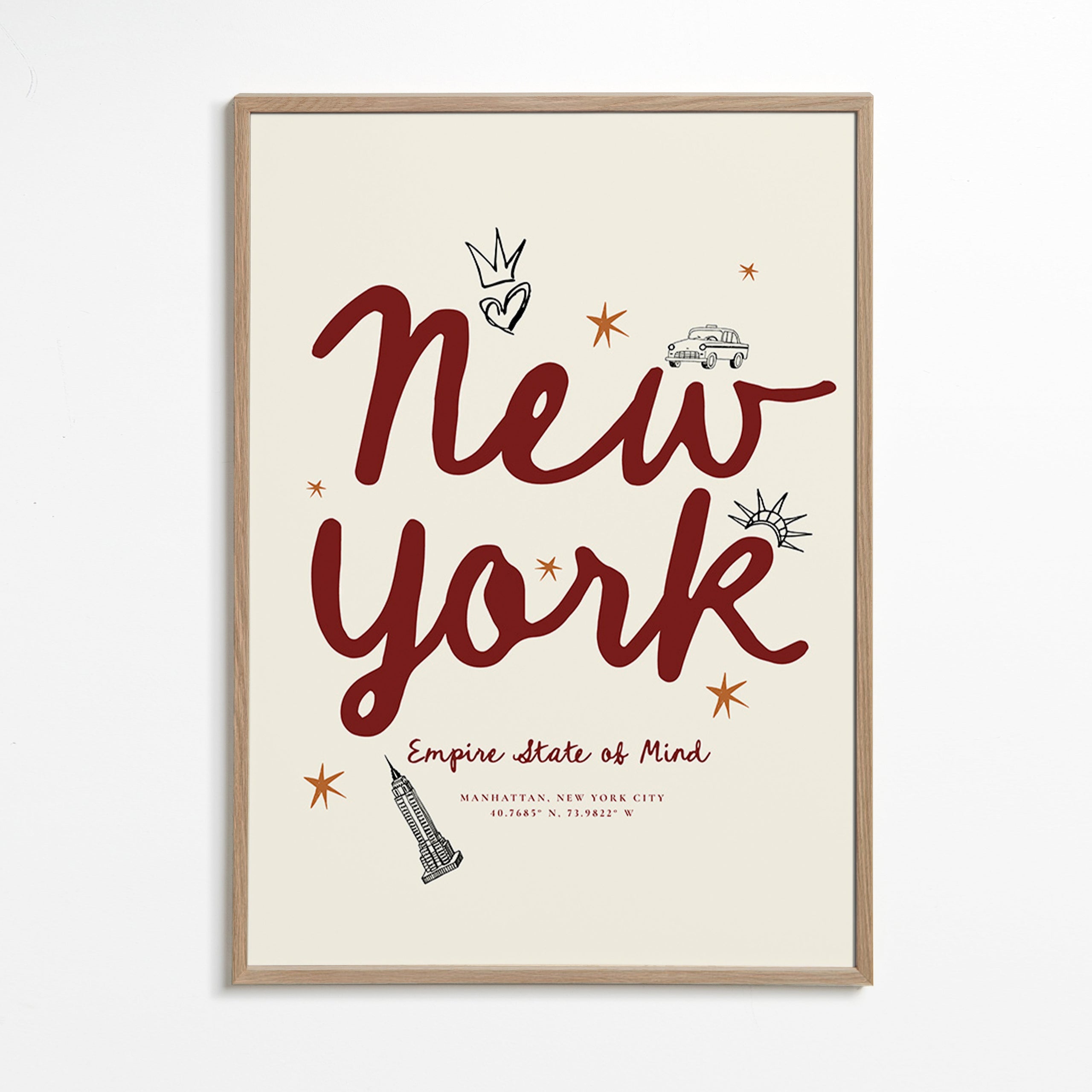 Plakat podróżny New York z bordowym letteringiem