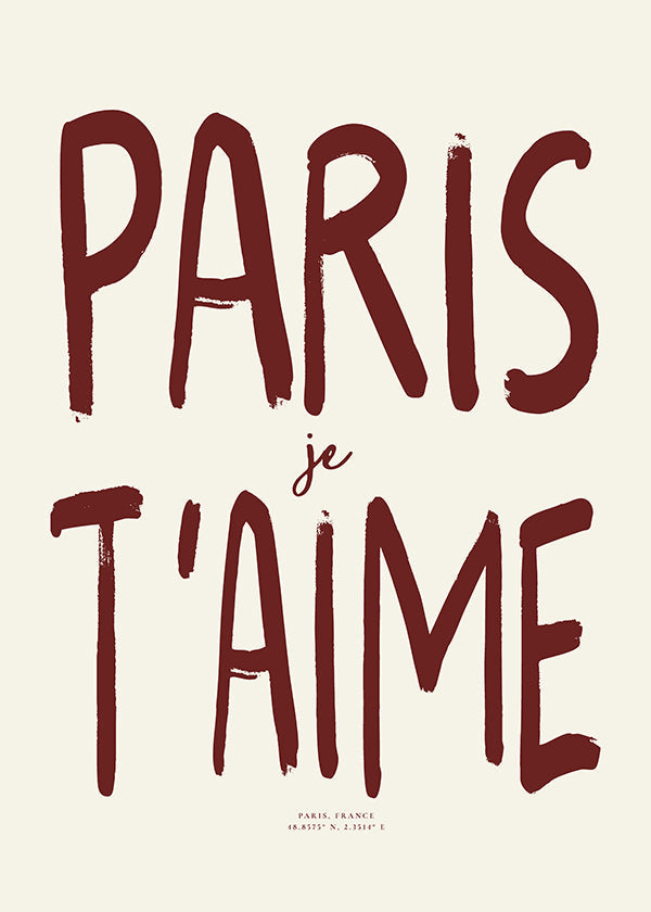 Plakat podróżniczy typograficzny Paris je t'aime