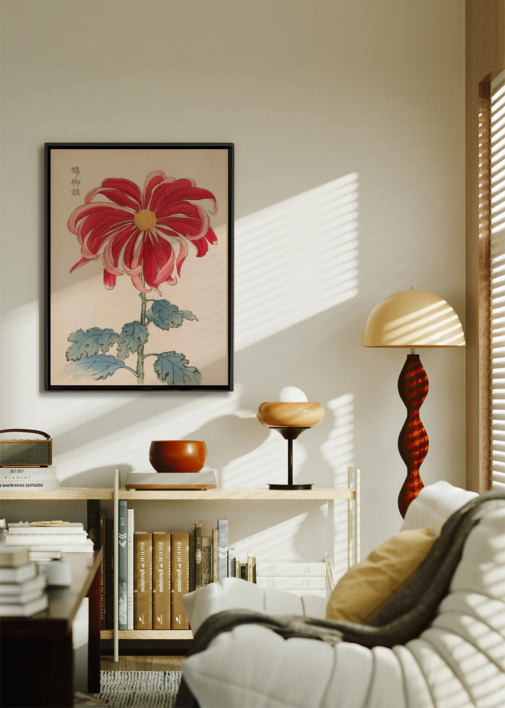 Plakat botaniczny japońska chryzantema czerwona
