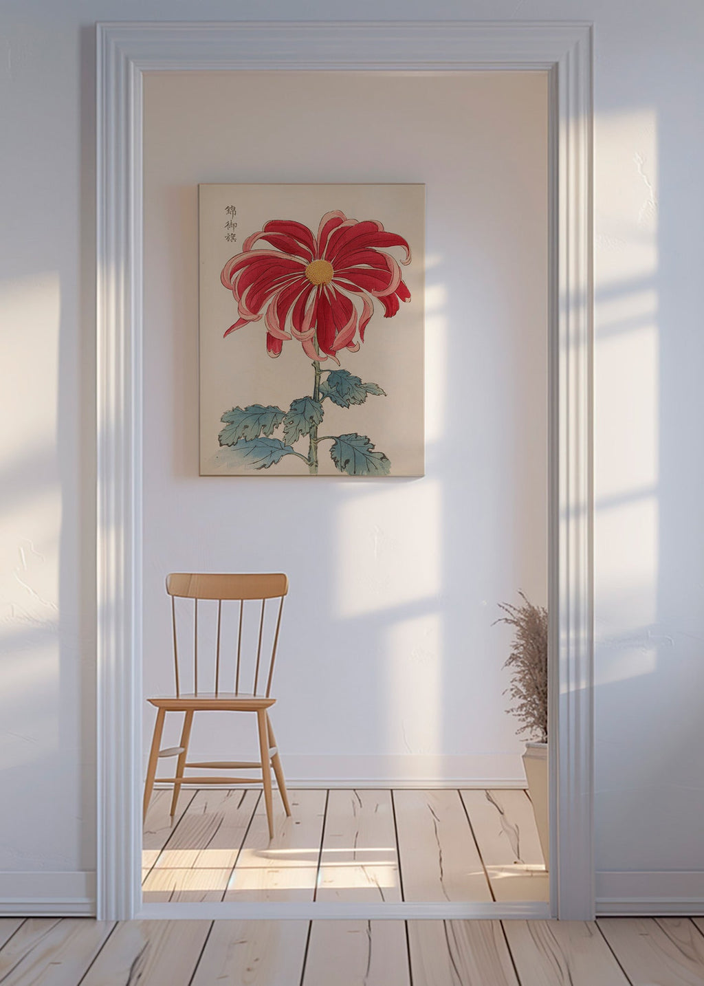 Plakat botaniczny japońska chryzantema czerwona