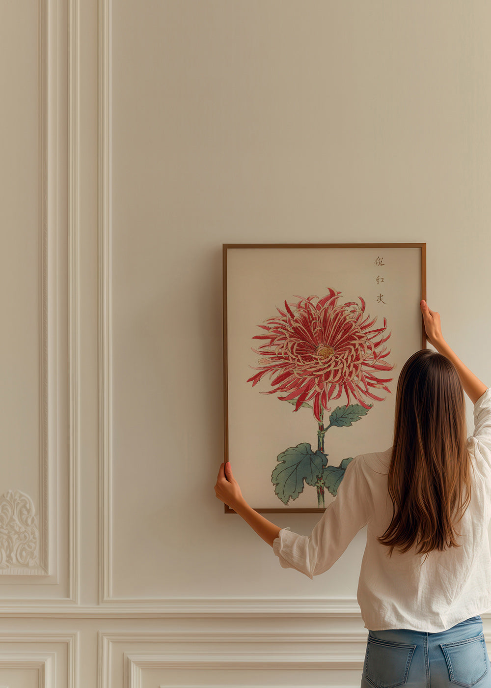 Plakat botaniczny czerwony chryzantema szczegółowy