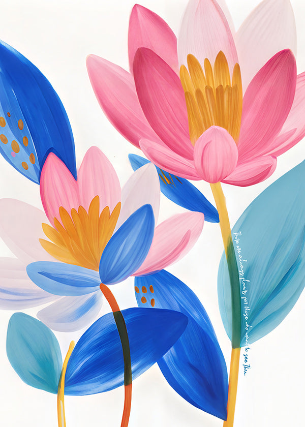 Plakat botaniczny różowe i niebieskie kwiaty