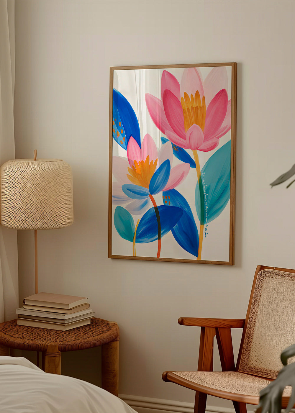 Plakat botaniczny różowe i niebieskie kwiaty