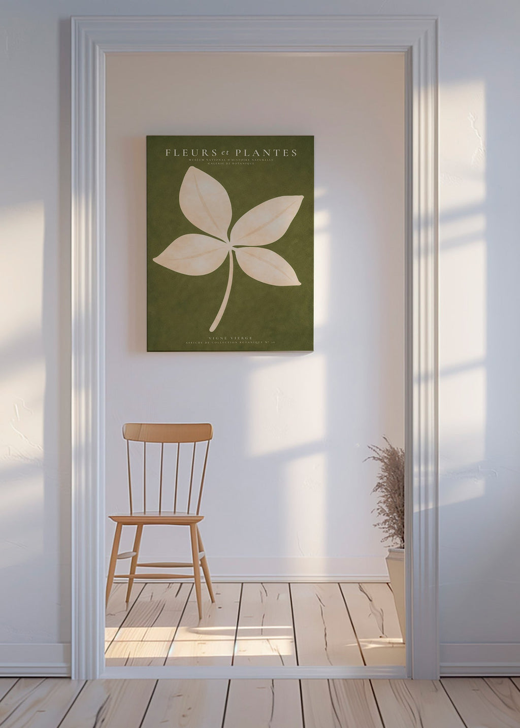 Plakat botaniczny: kremowy liść na zielonym tle