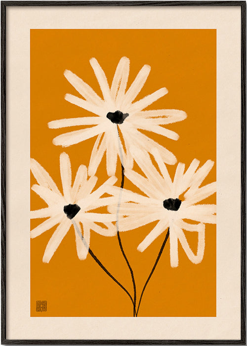 Plakat botaniczny: stokrotki na musztardowym tle – Black Frame