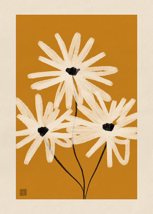 Plakat botaniczny: stokrotki na musztardowym tle