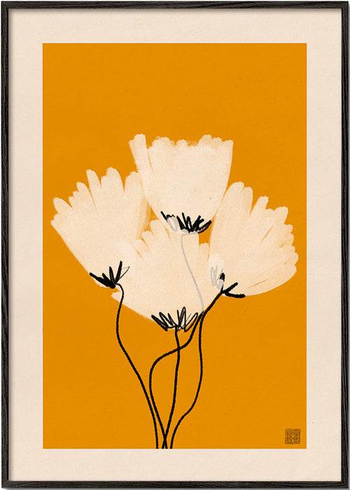 Plakat botaniczny białe kwiaty na ochrze – Black Frame