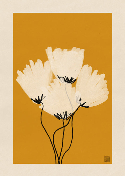 Plakat botaniczny białe kwiaty na ochrze