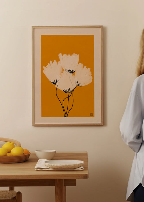 Plakat botaniczny białe kwiaty na ochrze – Product1