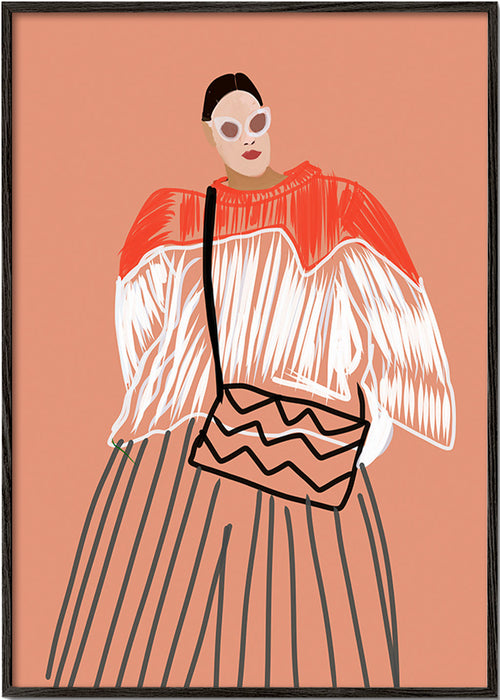 Ilustracja kobiety z koralową torbą – Black Frame