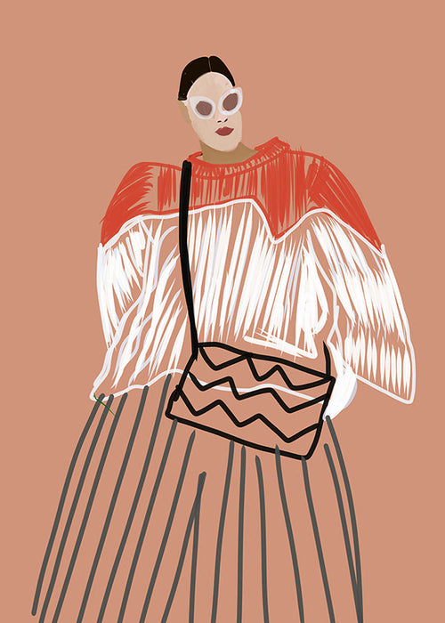Ilustracja kobiety z koralową torbą