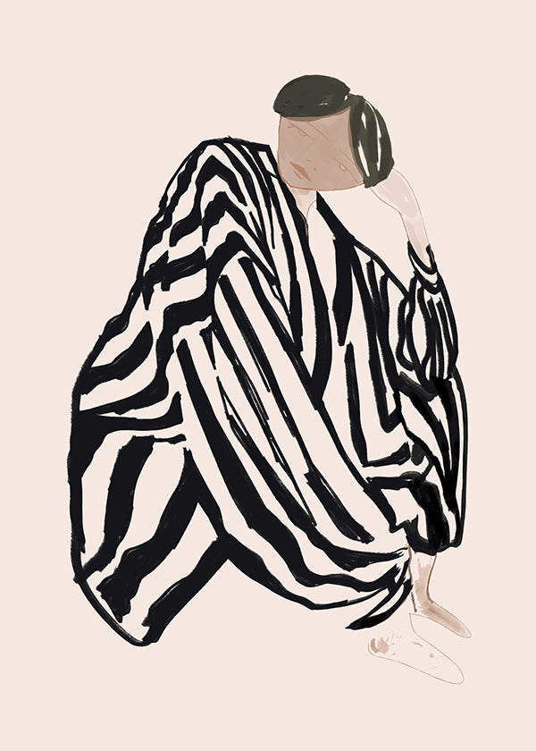 Ilustracja postaci kobiecej z graficznymi paskami