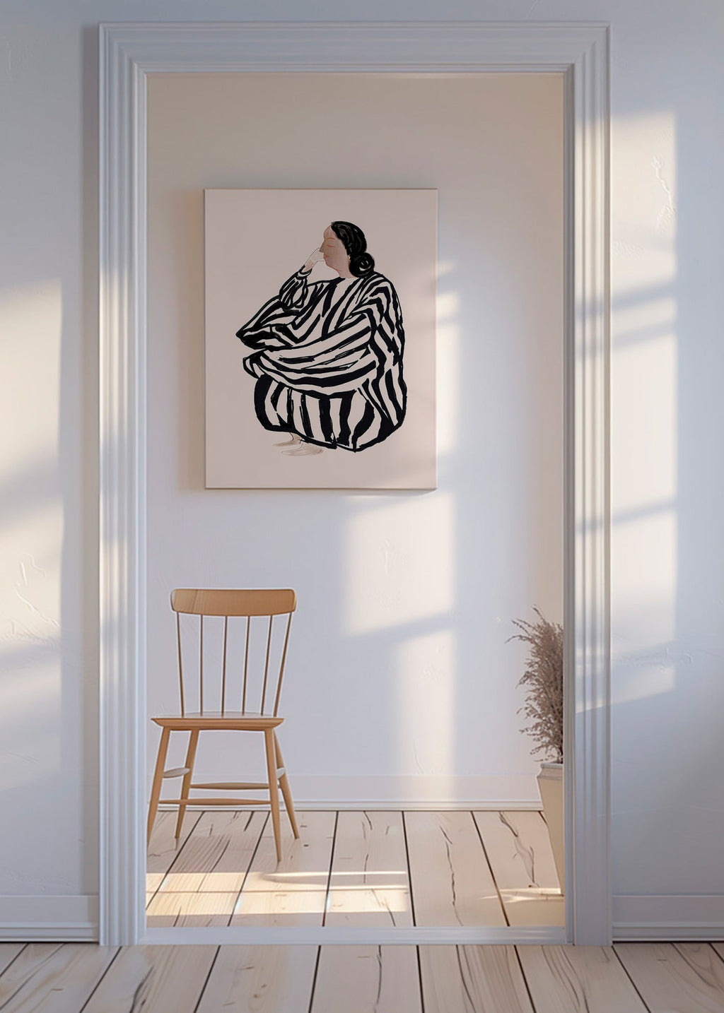 Ilustracja siedzącej kobiety w odważne paski – Canvas