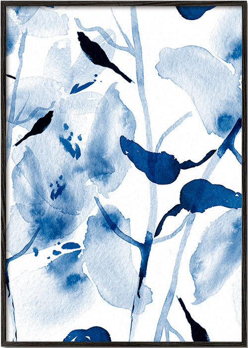 Plakat botaniczny akwarela niebieskie ptaki – Black Frame