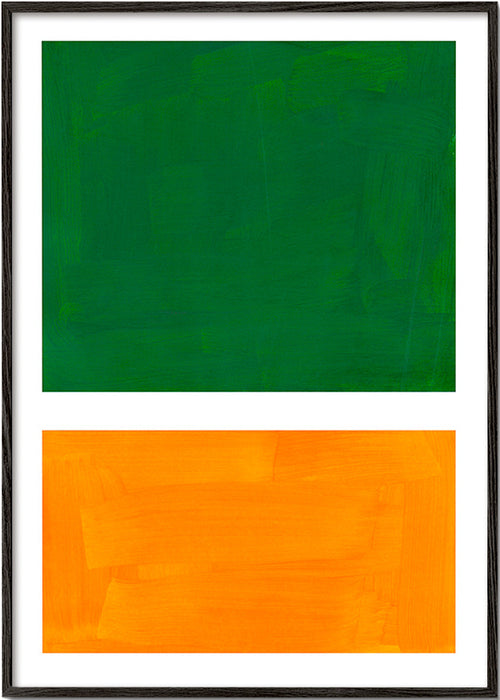 Obraz abstrakcyjny z zielonymi i pomarańczowymi polami – Black Frame