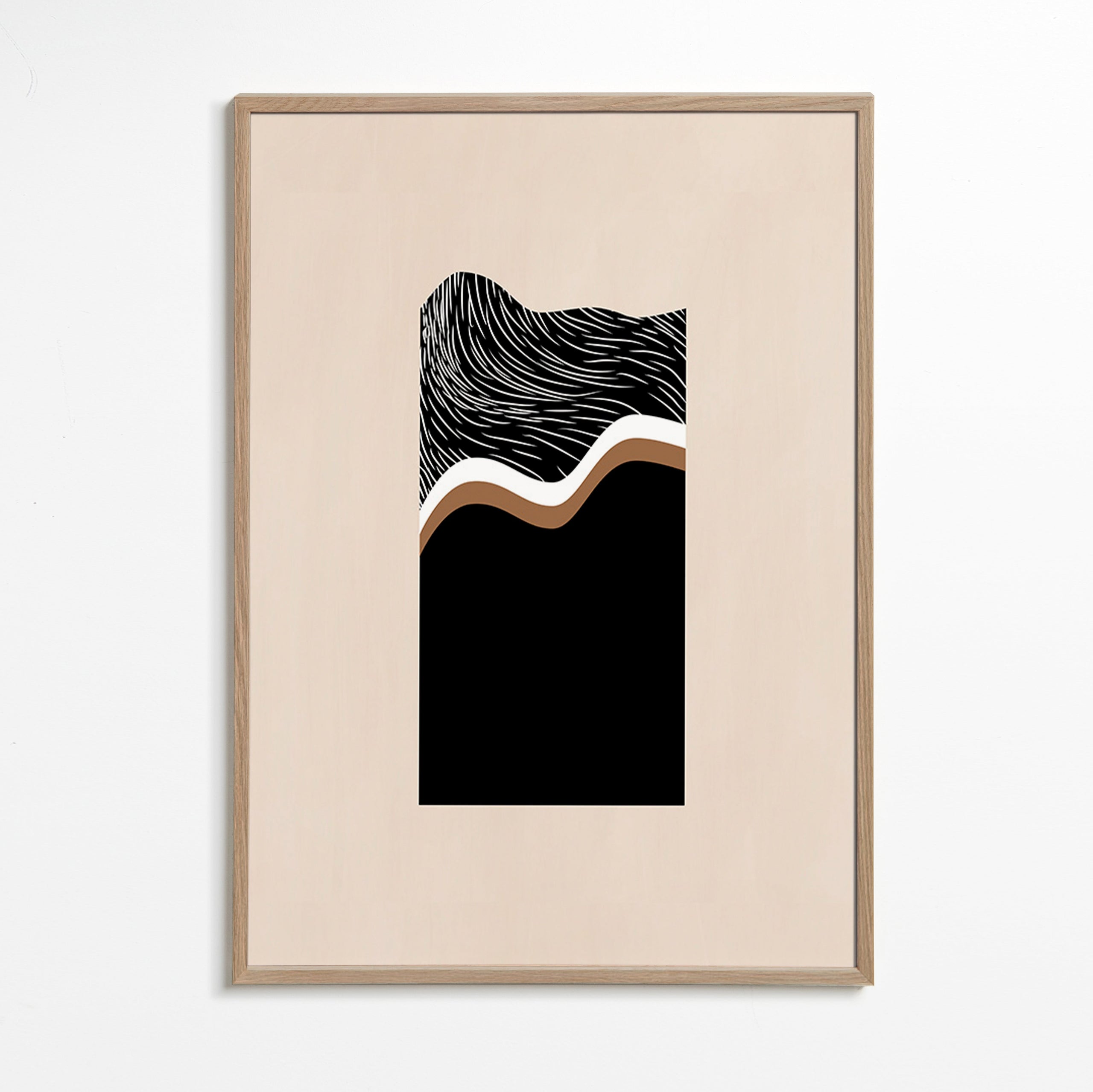 Cuadro abstracto con ondas monocromas – Oak Frame