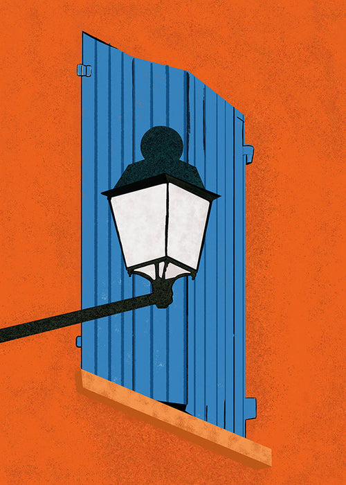 Ilustracja niebieska okiennica i latarnia