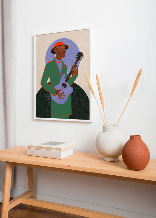 Ilustracja muzyka z gitarą i aureolą – Product1