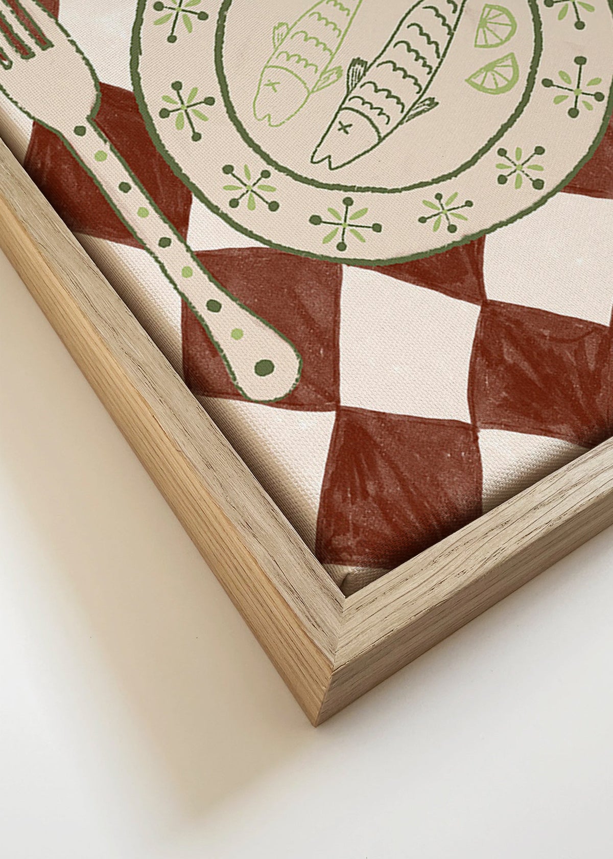 Sztuka do kuchni: talerz z rybą na rombowym obrusie – Canvas detail