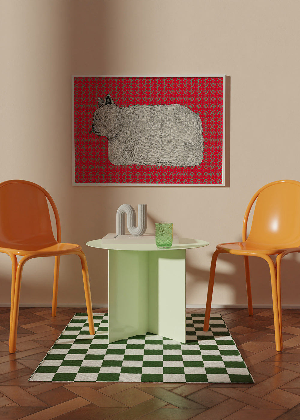 Kot w profilu na czerwonym wzorze – Product1