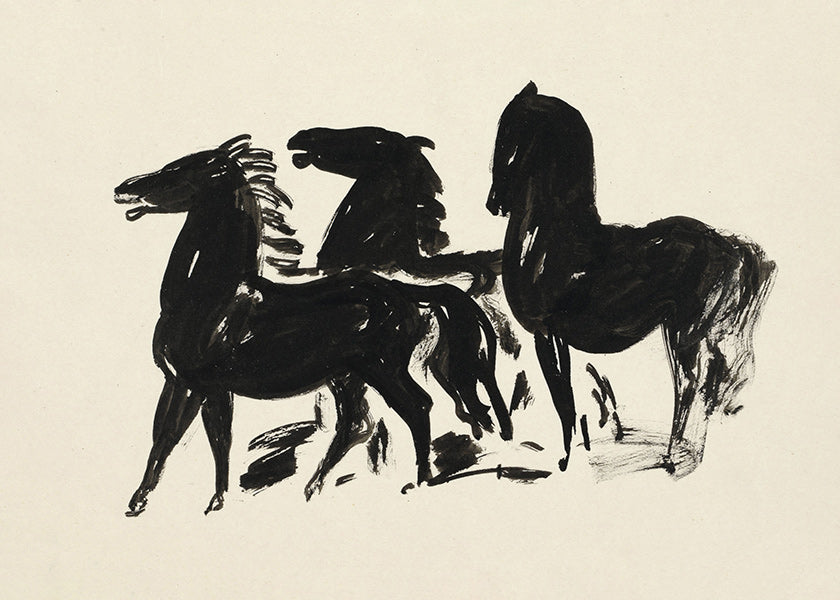 Cuadro tres caballos: dibujo en tinta gestual