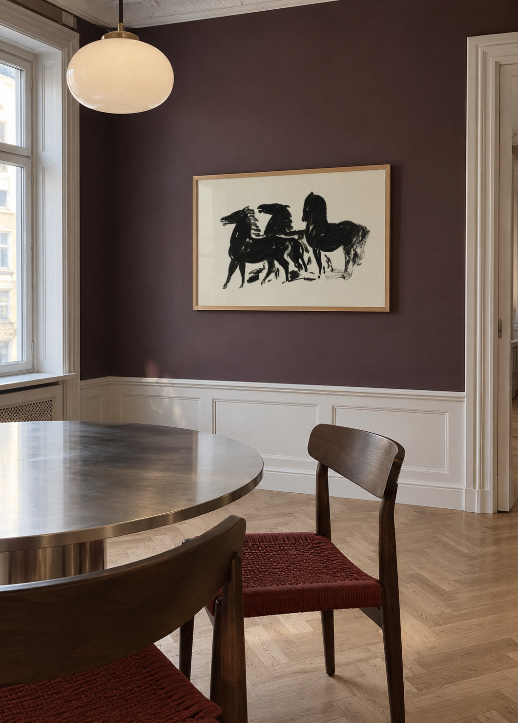 Drie Zwarte Paarden Staand Naar Links Kijkend - Framed poster in an interior