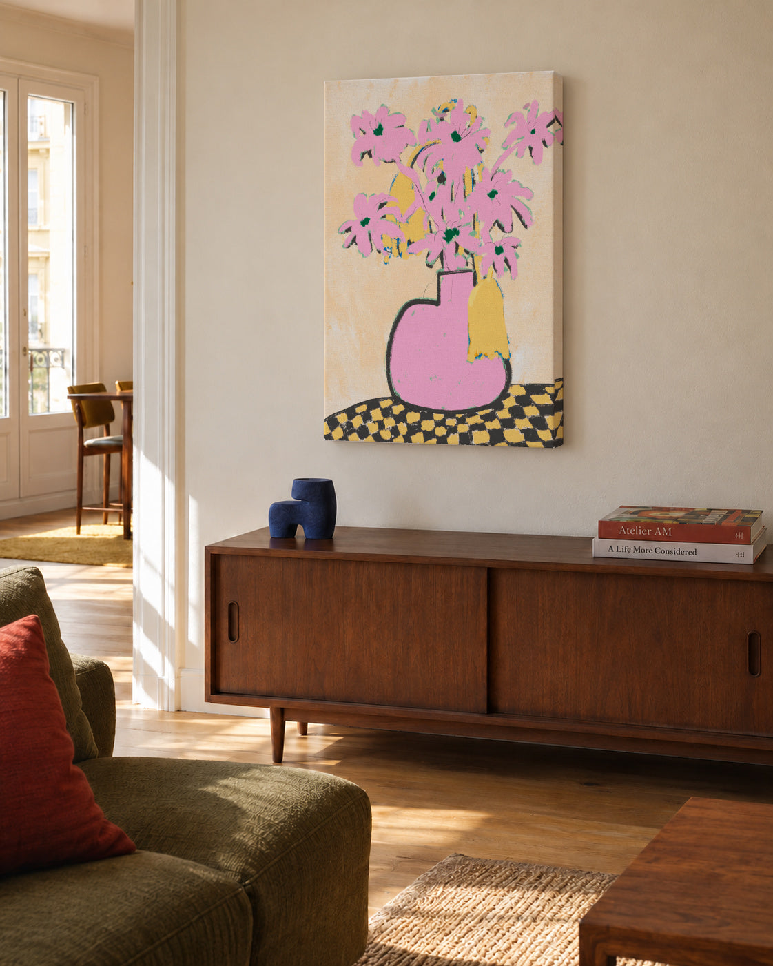 Pink Flowers In A Vase - Unframed canvas in an interior