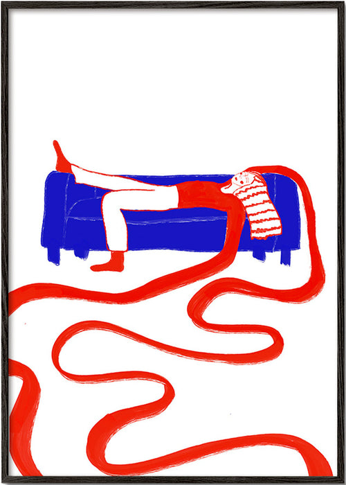 Ilustracja postaci odpoczywającej na sofie – Black Frame