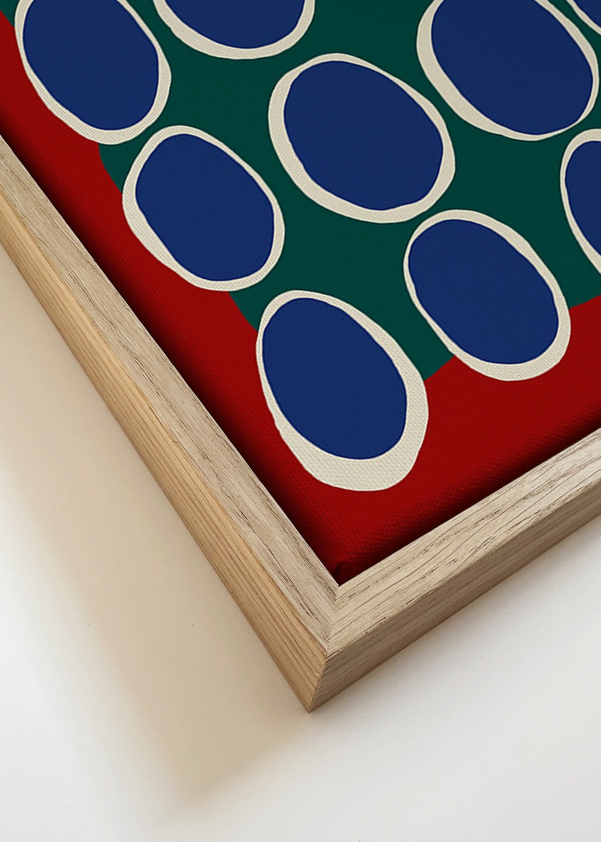 Plakat geometryczny z niebieskimi owalami i zielonym polem – Canvas detail