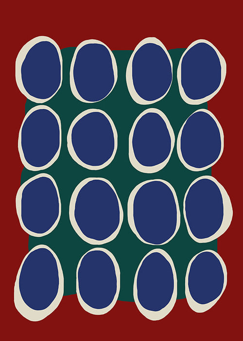 Plakat geometryczny z niebieskimi owalami i zielonym polem