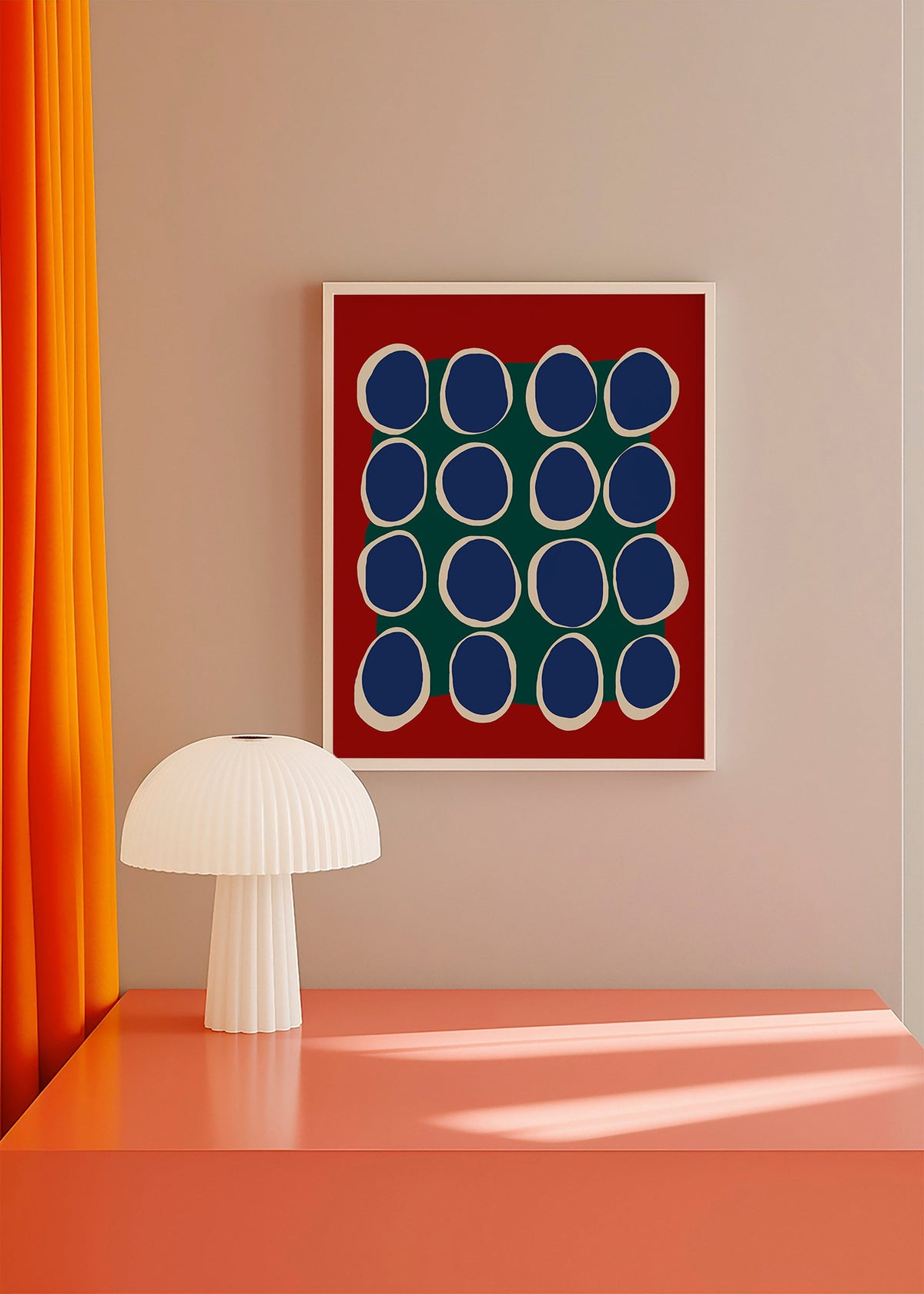 Plakat geometryczny z niebieskimi owalami i zielonym polem – Product1