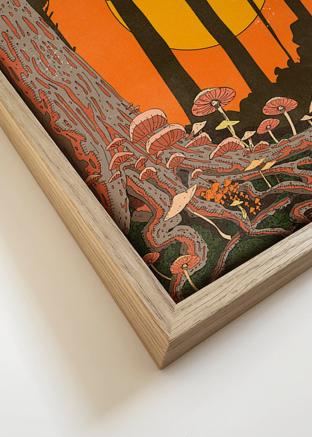 Ilustracja lasu o zachodzie słońca z grzybami – Canvas detail