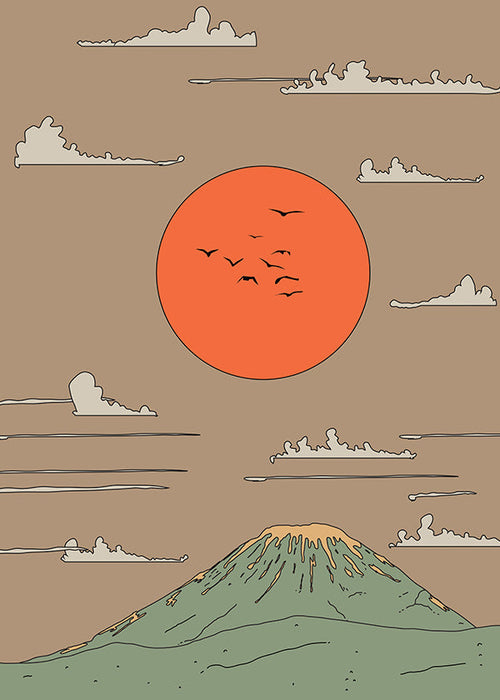 Ilustracja japońska: wschód słońca nad stylizowaną górą