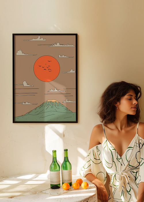 Ilustracja japońska: wschód słońca nad stylizowaną górą – Product1