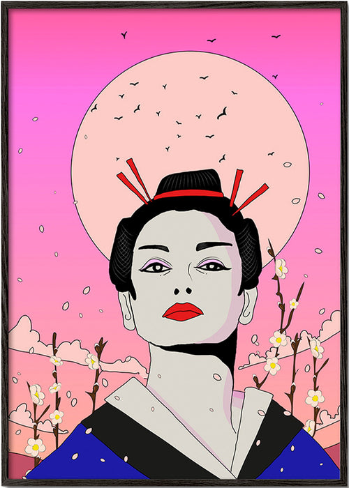 Ilustracja gejszy japońskiej z różowym księżycem – Black Frame