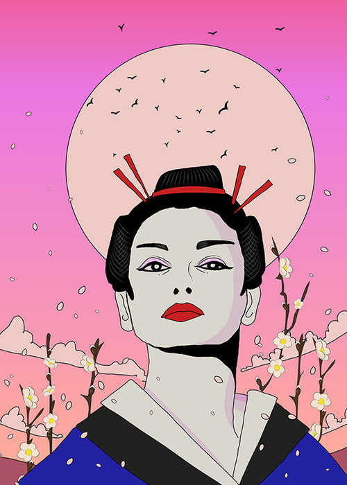 Ilustracja gejszy japońskiej z różowym księżycem