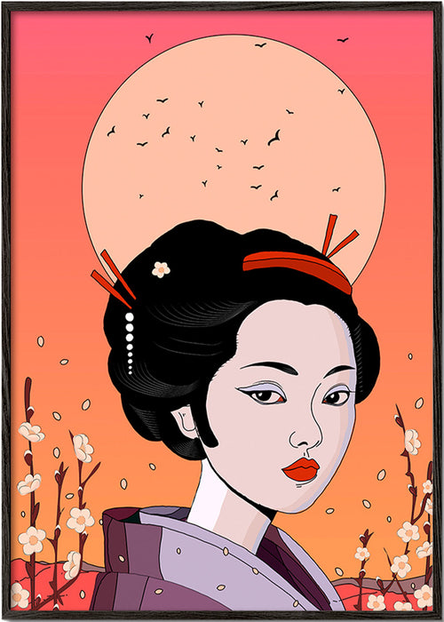 Ilustracja gejszy o koralowym zachodzie – Black Frame